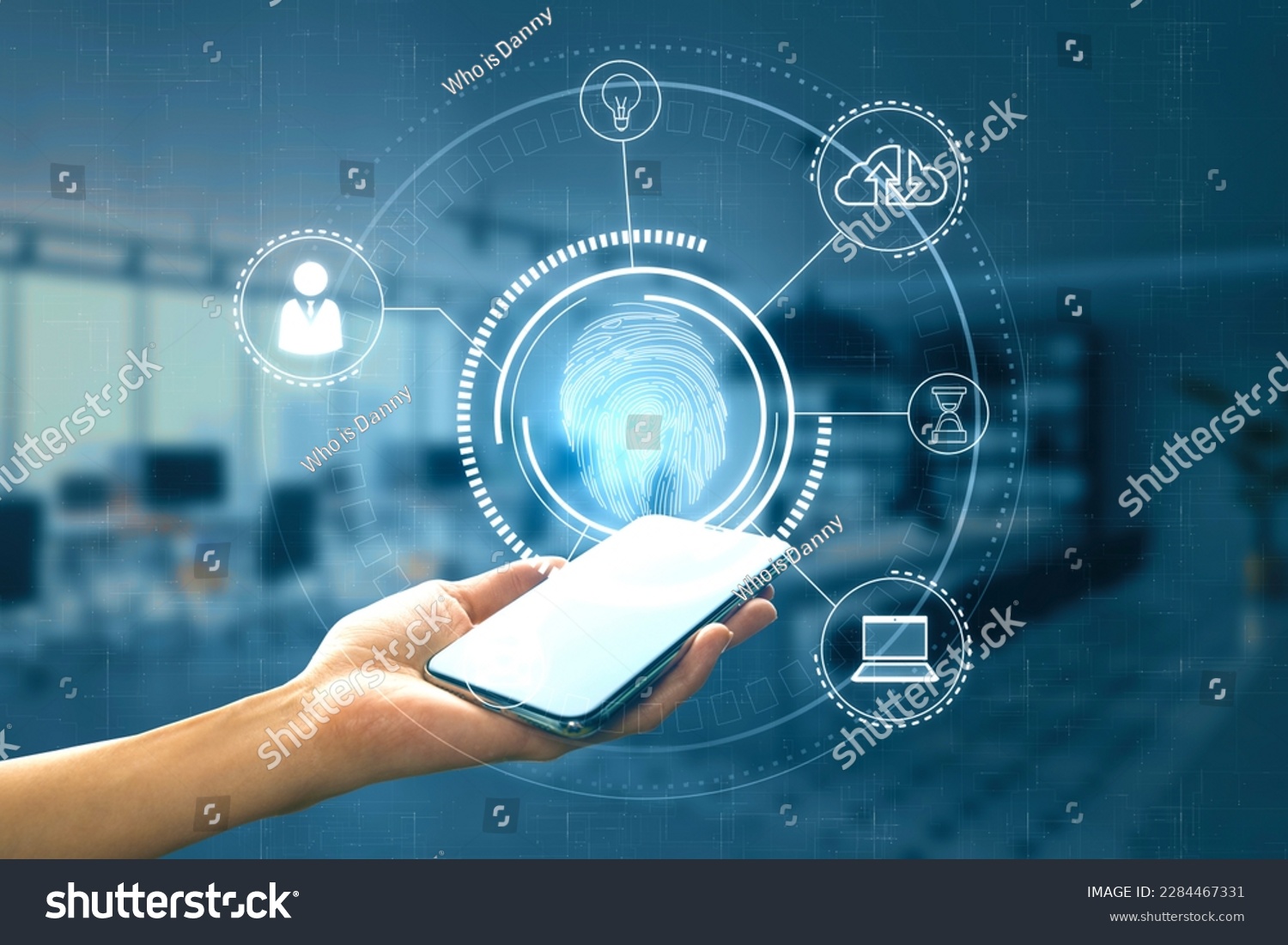Photo showing a hand holding a phone and icons surround the phone showing the fact that it contains the person's information