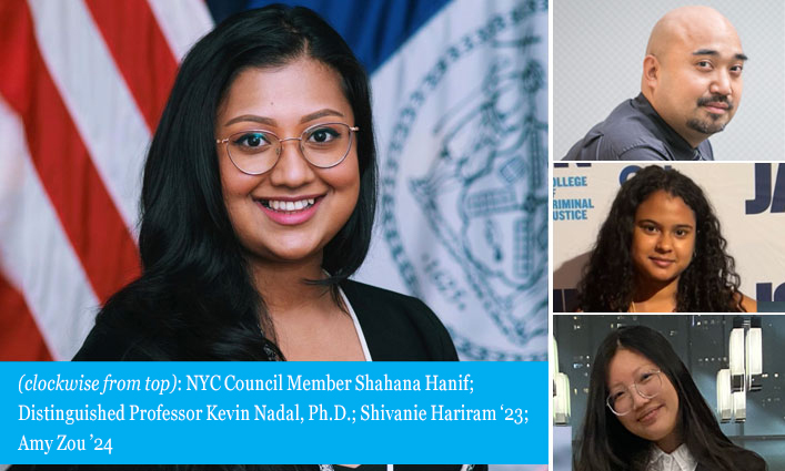 NYC Council Member Shahana Hanif;  Distinguished Professor Kevin Nadal, Ph.D.;  Shivanie Hariram ’24; Amy Zou ’24