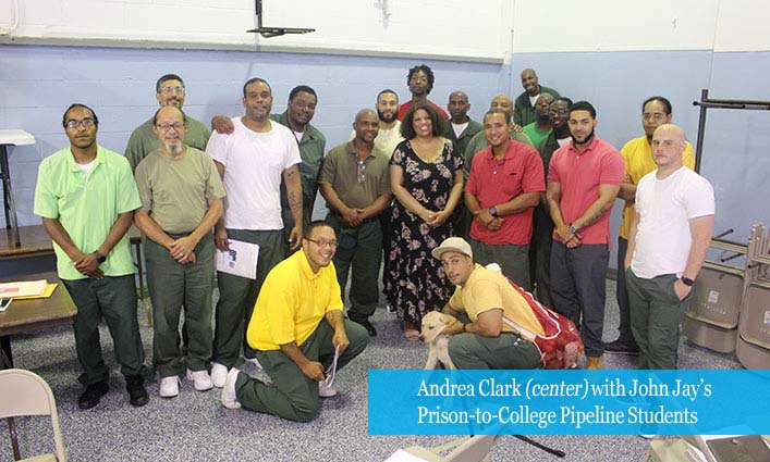 Picture of Andrea Clark (center) with John Jay’s Prison-to-College Pipeline Students