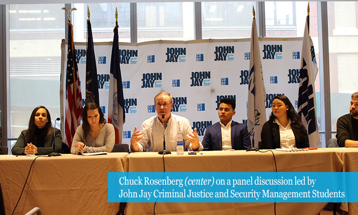 Chuck Rosenberg (center) on a panel discussion led by John Jay Criminal Justice and Security Management Students 