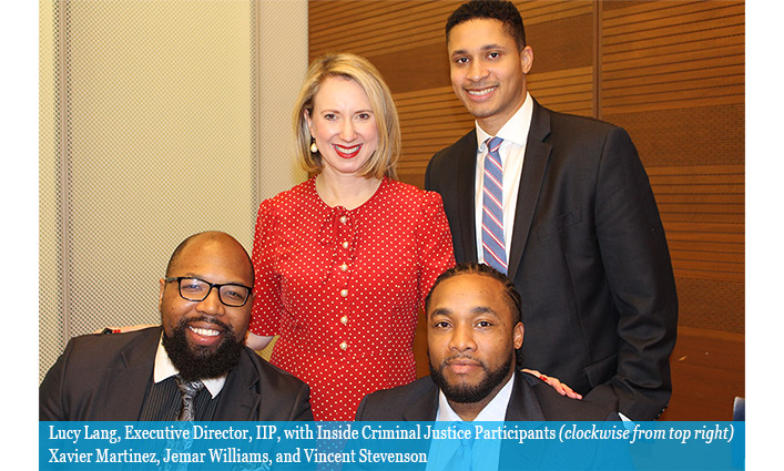 Lucy Lang, Executive Director, IIP, with Inside Criminal Justice Participants (clockwise from top right) Xavier Martinez, Jemar Williams, and Vincent Stevenson