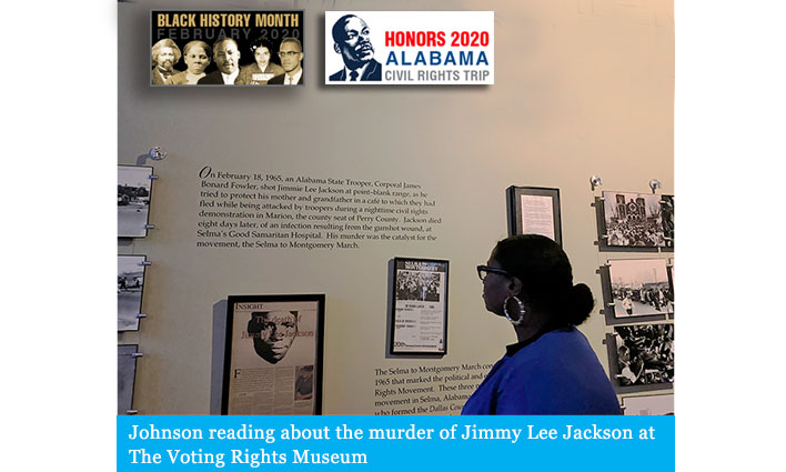 Johnson reading about the murder of Jimmy Lee Jackson at The Voting Rights Museum 