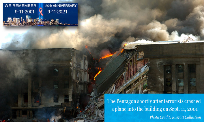 The Pentagon shortly after terrorists crashed a plane into the building on Sept. 11, 2001