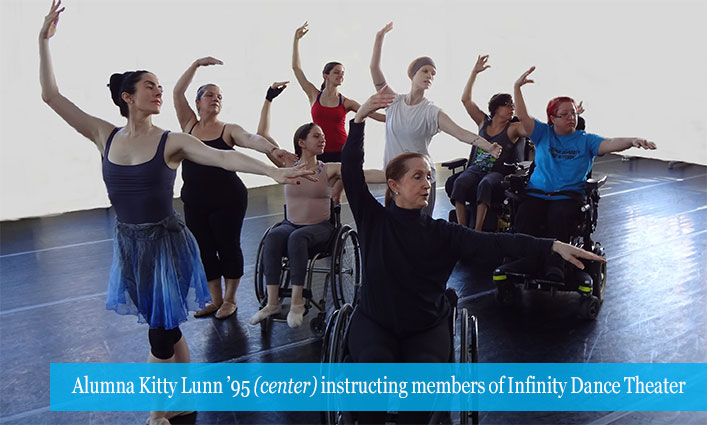 Alumna Kitty Lunn ’95 (center) instructing members of Infinity Dance Theater 
