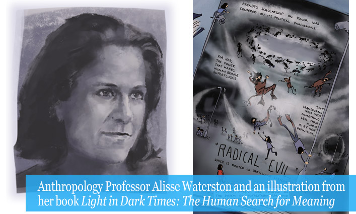 Anthropology Professor Alisse Waterston and an illustration from  her book Light in Dark Times