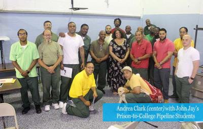 Picture of Andrea Clark (center) with John Jay’s Prison-to-College Pipeline Students