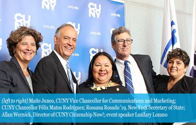 (left to right) Maite Junco, CUNY Vice Chancellor for Communications and Marketing; CUNY Chancellor Félix Matos Rodríguez; Rossana Rosado ’19, New York Secretary of State; Allan Wernick, Director of CUNY Citizenship Now!; event speaker Luzdary Lozano