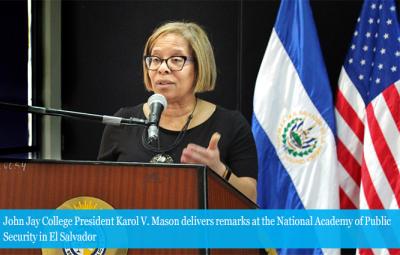 John Jay College President Karol V. Mason delivers remarks at the National Academy of Public Security in El Salvador