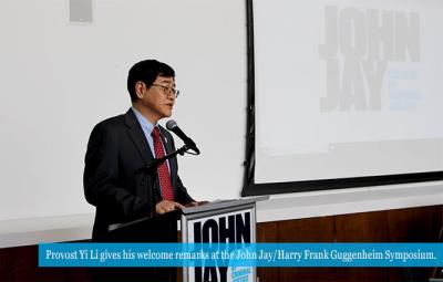 Provost Yi Li gives his welcome remarks at the John Jay/Harry Frank Guggenheim Symposium.