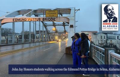 John Jay Honors students walking across the Edmund Pettus Bridge in Selma, Alabama