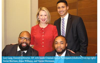 Lucy Lang, Executive Director, IIP, with Inside Criminal Justice Participants (clockwise from top right) Xavier Martinez, Jemar Williams, and Vincent Stevenson