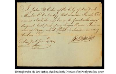 Birth registration of a slave in 1803, abandoned to the Overseers of the Poor by the slave owner.